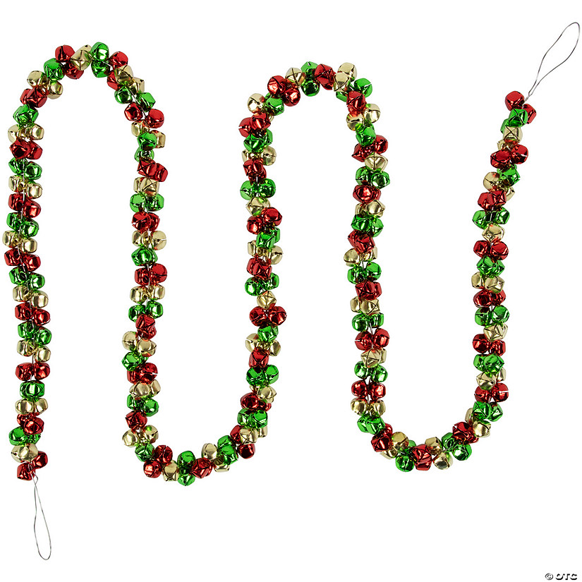 5' Green  Gold and Red Jingle Bell Christmas Garland  Unlit Image