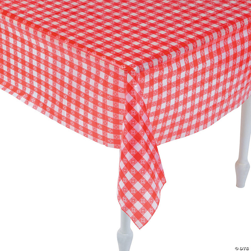52" x 90" Bulk Red & White Checkered Plastic Tablecloth - 12 Pc. Image