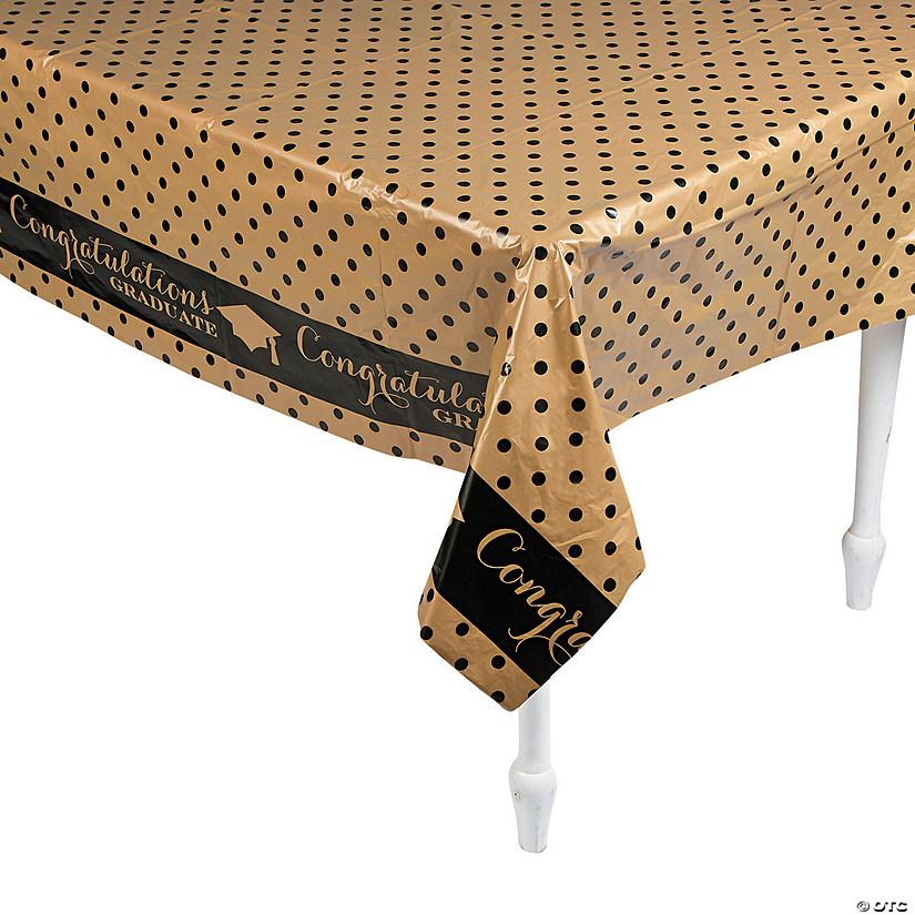 54" x 108" Black & Gold Graduation Rectangle Disposable Plastic Tablecloth Image