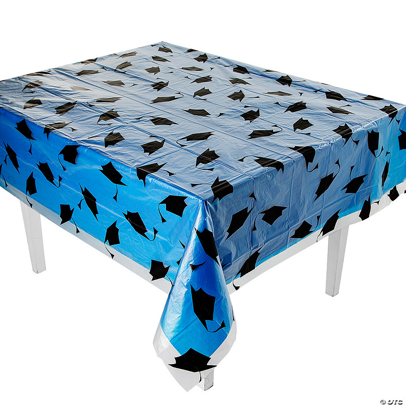 54" x 108"  Blue Graduation Cap Disposable Plastic Tablecloth Kit - 2 Pc. Image