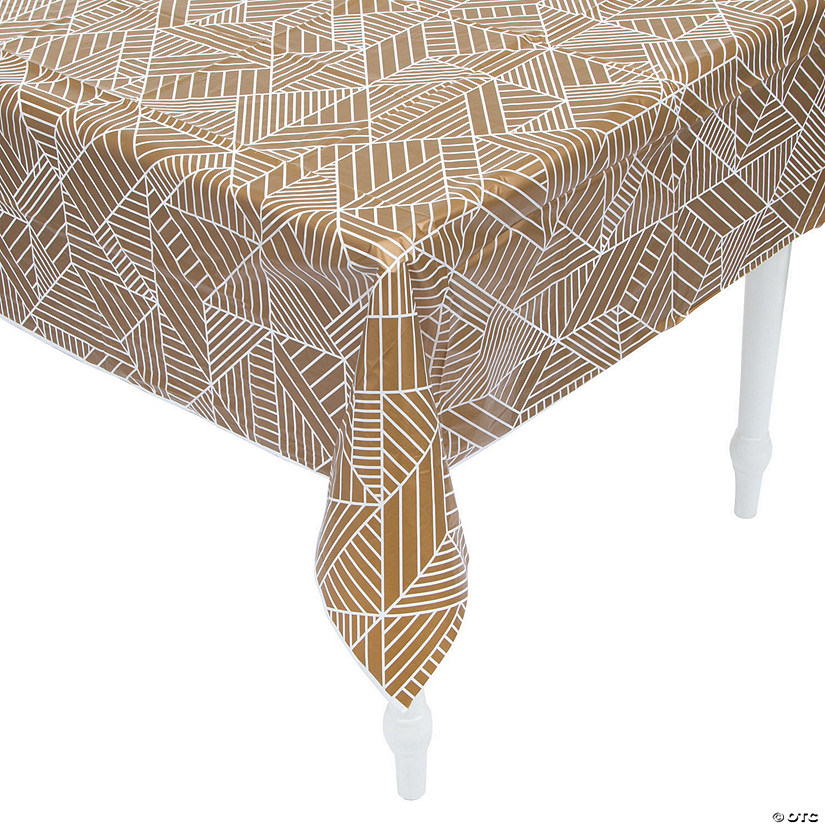 54" x 108" Geometric Print Gold & White Plastic Tablecloth Image