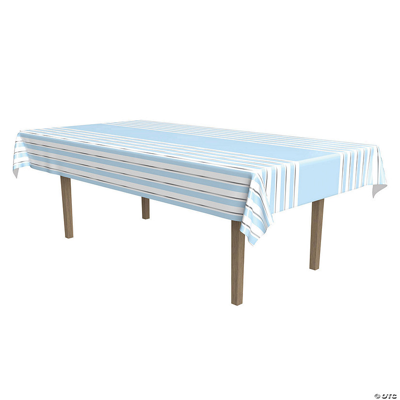 54" x 108" Metallic Silver & Blue Striped Rectangle Disposable Plastic Tablecloth Image