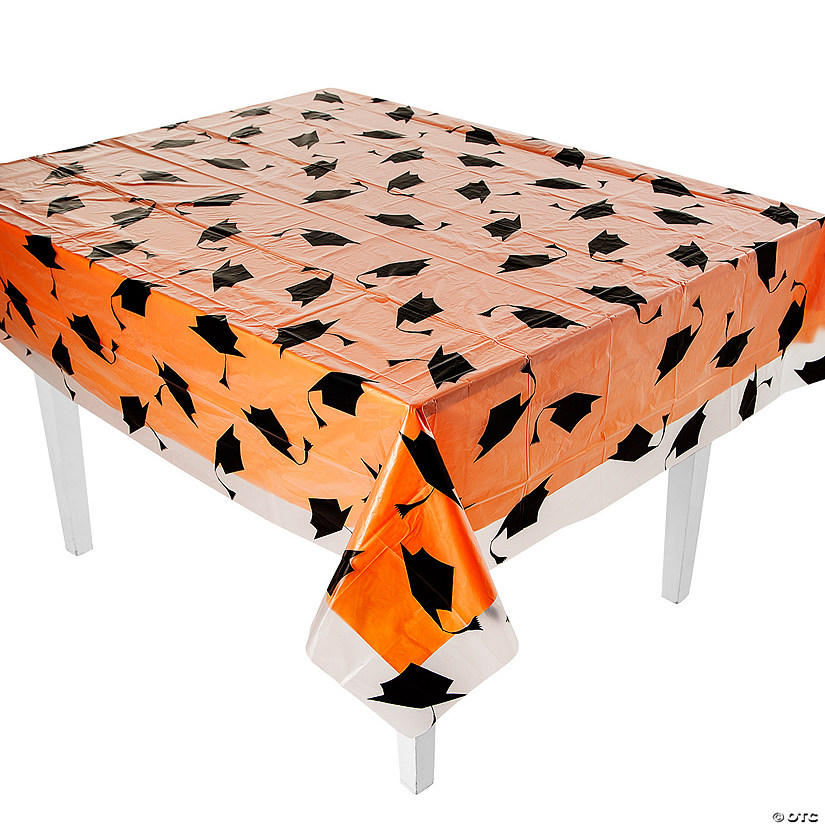 54" x 108" Orange Graduation Cap Disposable Plastic Tablecloth Kit - 2 Pc. Image