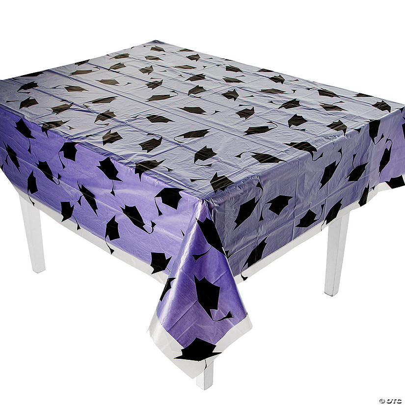 54" x 108"  Purple Graduation Cap Disposable Plastic Tablecloth Kit - 2 Pc. Image