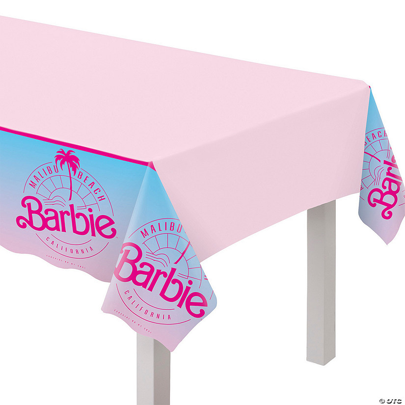 54" x 96" Barbie&#8482;<sup> </sup>Malibu Beach Party Pink Disposable Plastic Tablecloth Image