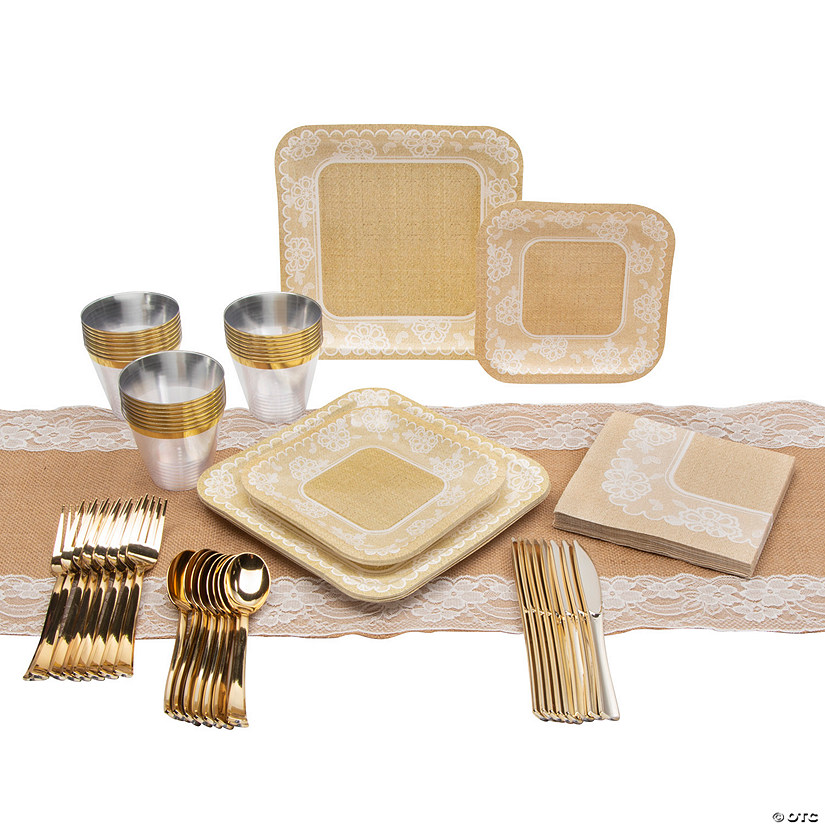 58 Pc. Burlap & Lace Tableware Kit for 8 Guests Image