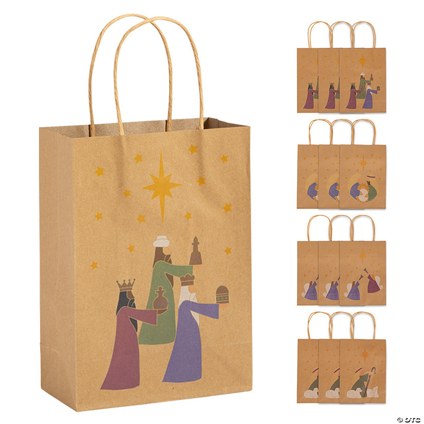 6 1/2" x 9" Medium Brown Nativity Scene Kraft Paper Gift Bags - 12 Pc. Image