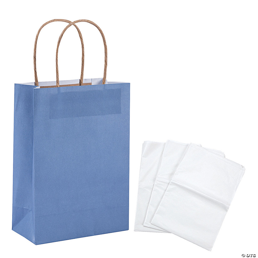 6 1/2" x 9" Medium Dusty Blue Kraft Paper Gift Bags & White Tissue Paper Kit for 12 Image