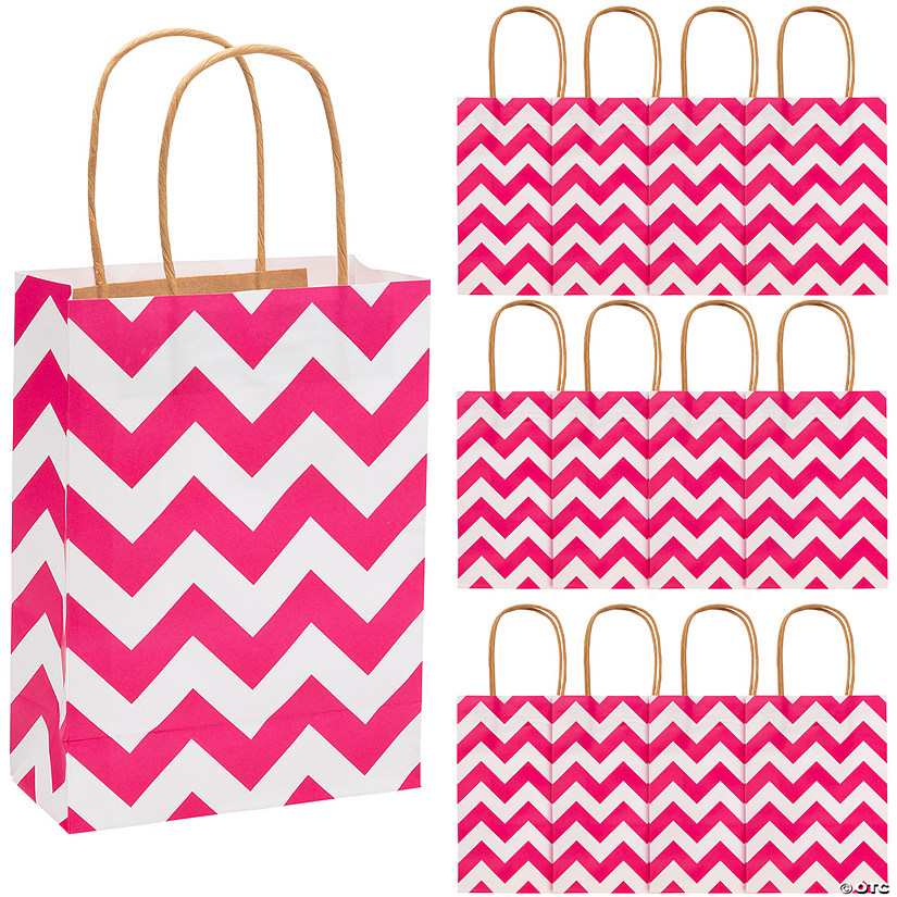 6 1/2" x 9" Medium Hot Pink Chevron Kraft Paper Gift Bags - 12 Pc. Image