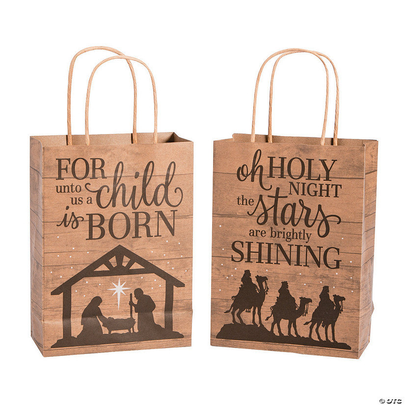 6 1/2" x 9" Medium Nativity Barnwood Print Kraft Paper Gift Bags - 12 Pc. Image