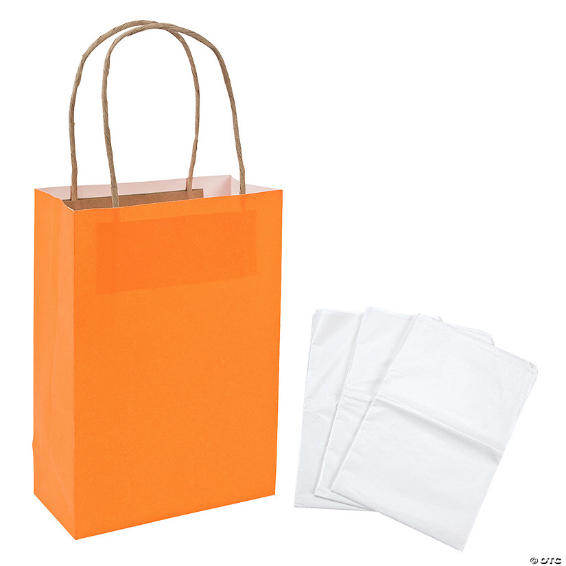 6 1/2" x 9" Medium Orange Kraft Paper Gift Bags & White Tissue Paper Kit for 12 Image
