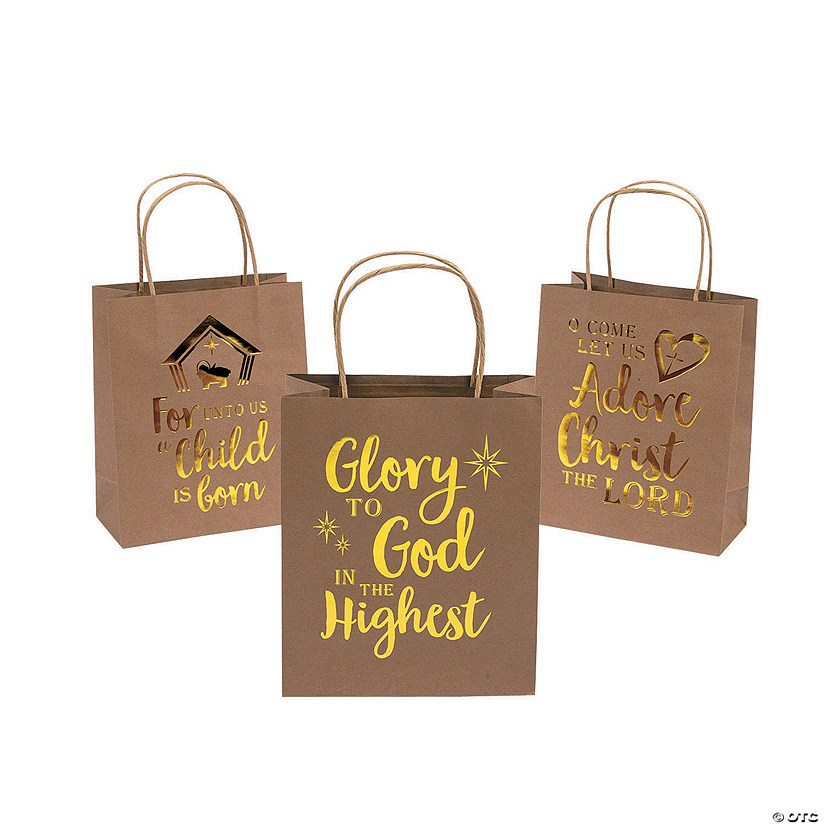 6 1/2" x 9" Medium Religious Gold Metallic Kraft Paper Gift Bags - 12 Pc. Image