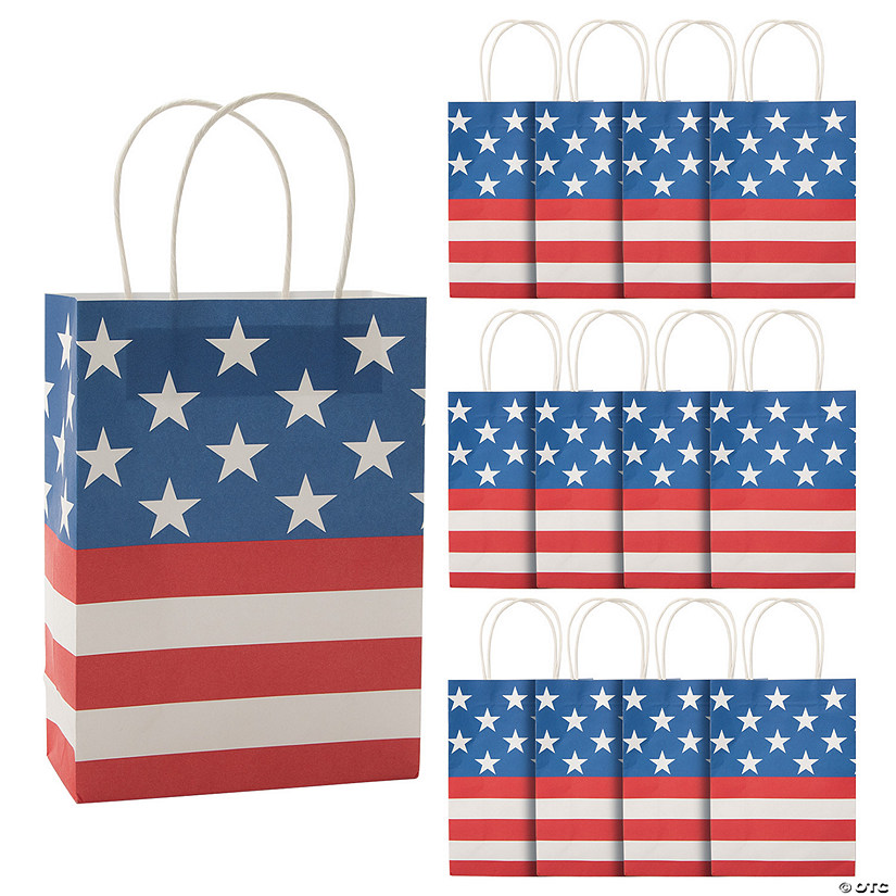 6 1/2" x 9" Medium Traditional American Flag Kraft Paper Gift Bags - 12 Pc. Image