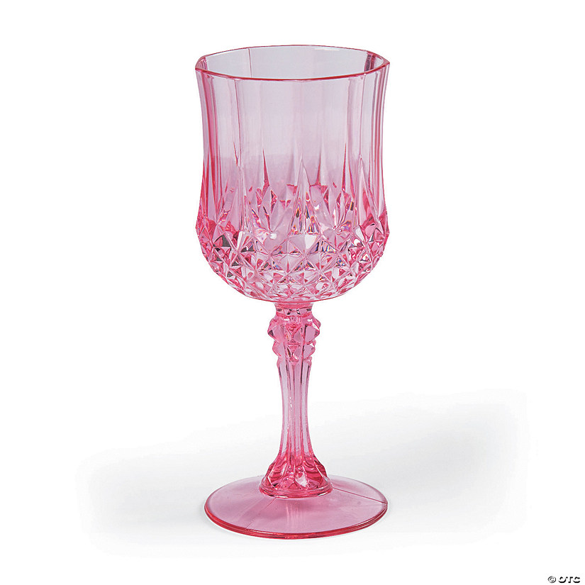 6 3/4" 8 oz. Pink Patterned BPA-Free Plastic Wine Glasses - 12 Ct. Image