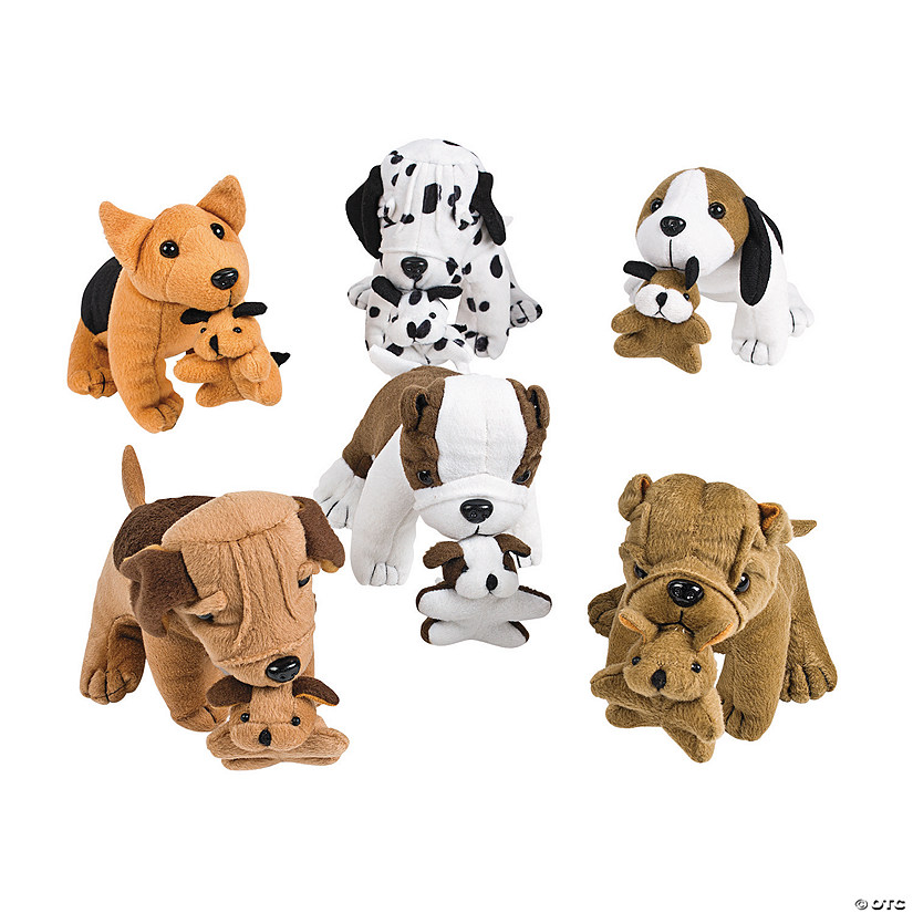 6" - 7" Brown, White & Black Stuffed Dogs Holding Puppies - 12 Pc. Image