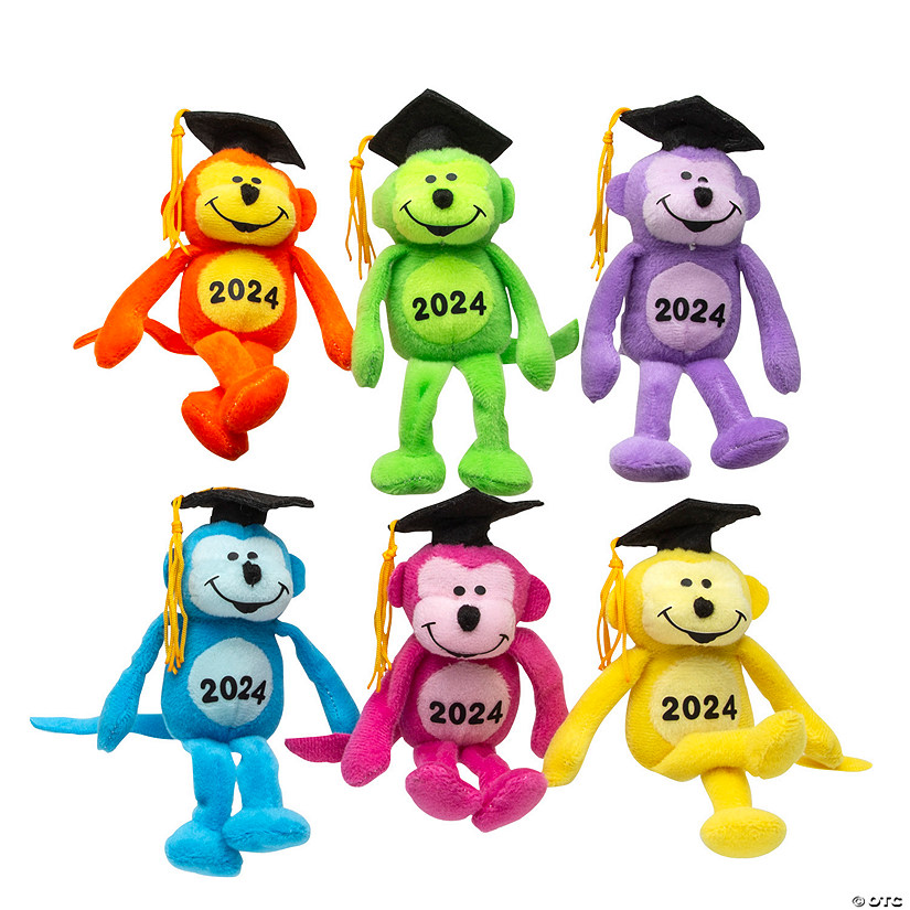 6" Class of 2024 Graduation Neon Multicolor Stuffed Monkeys - 12 Pc. Image