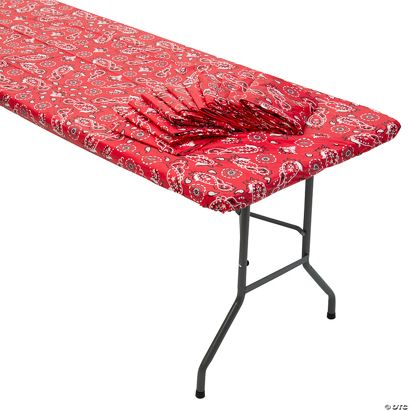 6 Ft. Bulk 12 Pc. Red Bandana Rectangle Fitted Disposable Plastic Tablecloths Image
