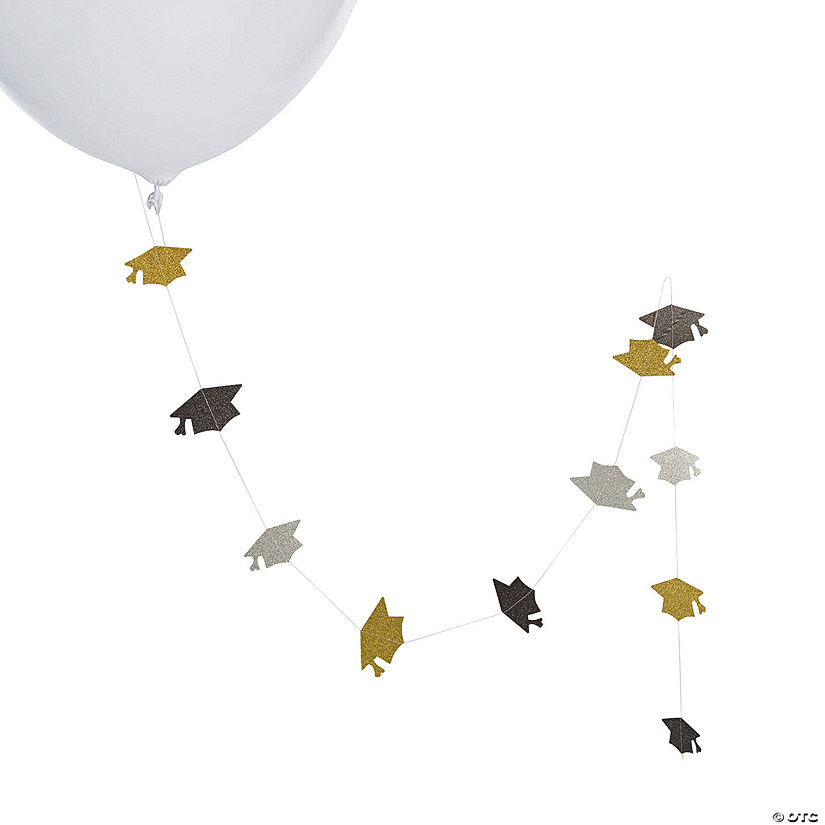 6 Ft. Graduation Cap Black, Gold & Silver Glitter Cardstock Balloon Tails &#8211; 6 Pc. Image