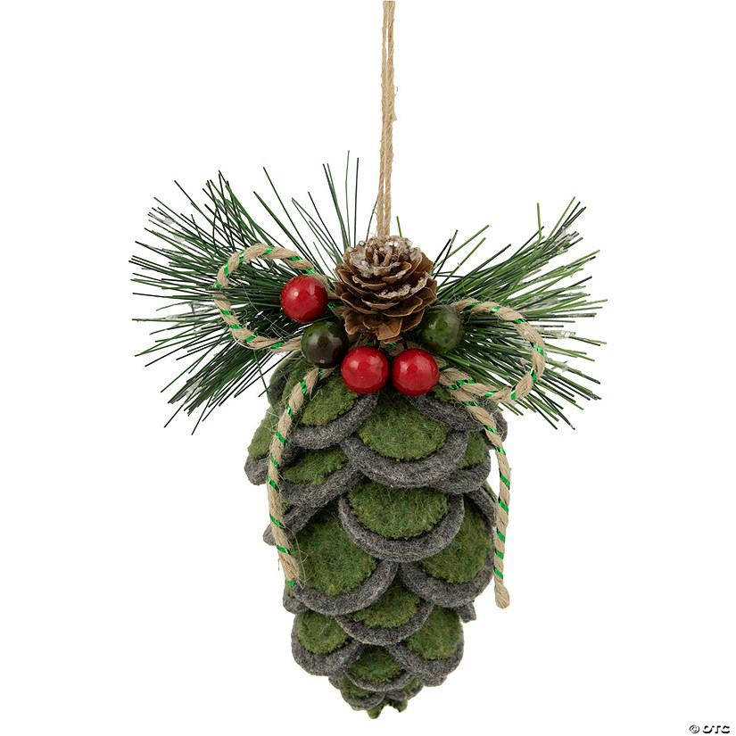 6" Green Felt Pine Cone with Berries Christmas Ornament Image