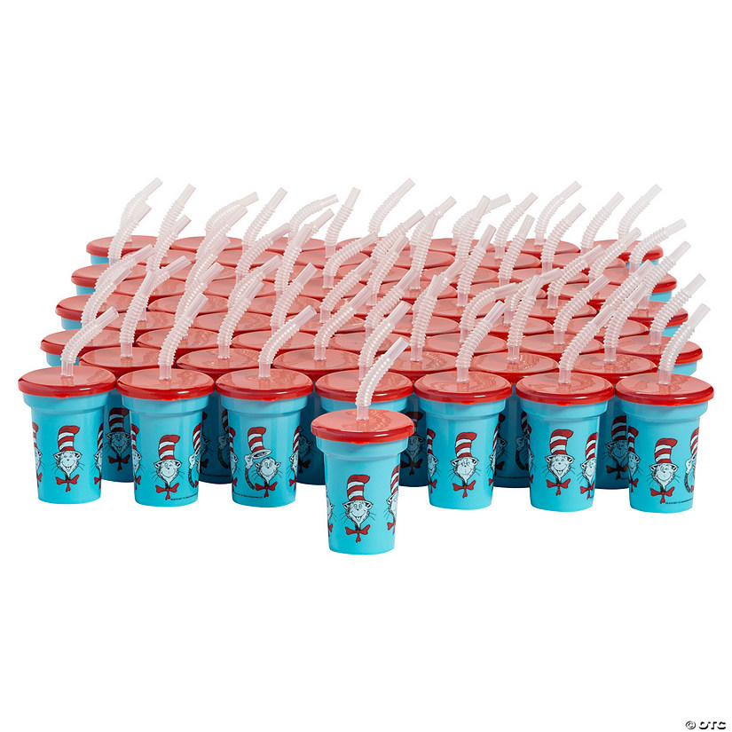 6 oz. Bulk 60 Ct. Dr. Seuss&#8482; The Cat in the Hat&#8482; Mini Reusable Plastic Cups with Lids & Straws Image