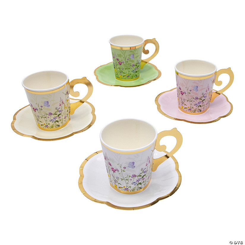 6 oz. Cottagecore Butterflies & Floral Design Disposable Paper Tea Cups & Saucers - 8 Ct. Image