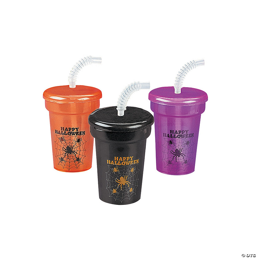 6 oz. Mini Halloween Reusable BPA-Free Plastic Cups with Lids & Straws - 12 Ct. Image