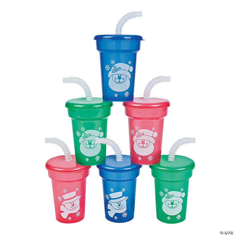 6 oz. Mini Holiday Reusable BPA-Free Plastic Cups with Lids & Straws - 12 Ct. Image