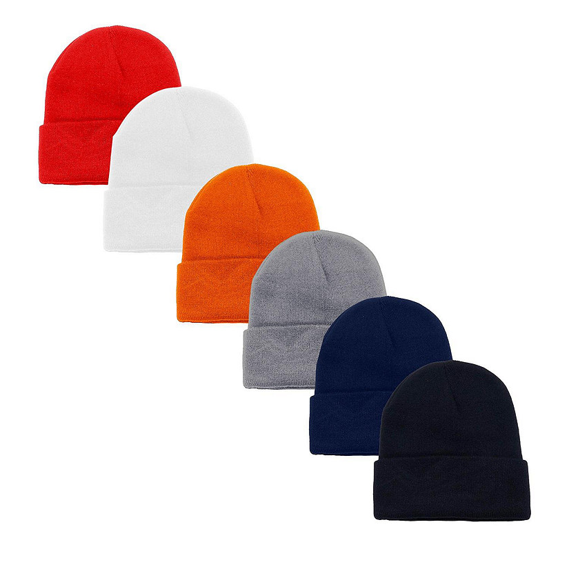 6 Pack Plain Long Cuffed Beanie for Mens and Womens Skulls (Mix) Image