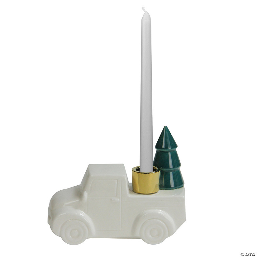 6 White Ceramic Truck with Christmas Tree Taper Candlestick Holder Image