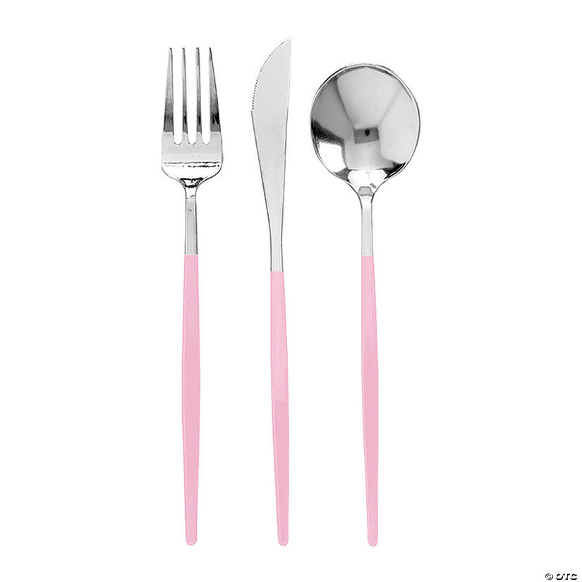 60 Pc. Silver with Pink Handle Moderno Disposable Plastic Cutlery Set - Spoons, Forks and Knives (60 Guests) Image