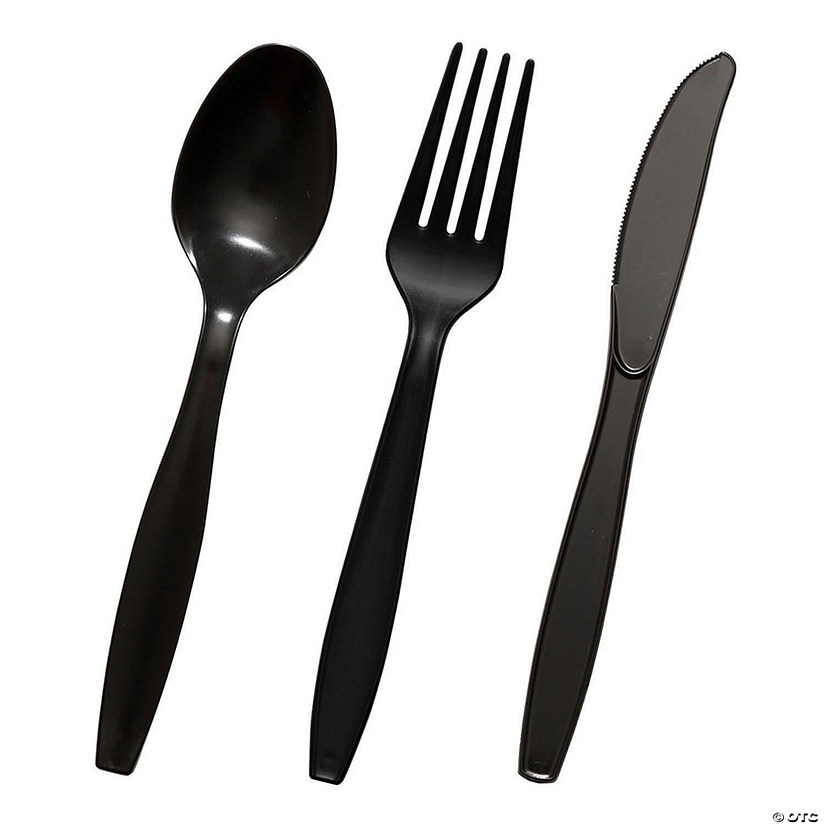 600 Pc. Black Disposable Plastic Cutlery Set - Spoons, Forks and Knives (200 Guests) Image