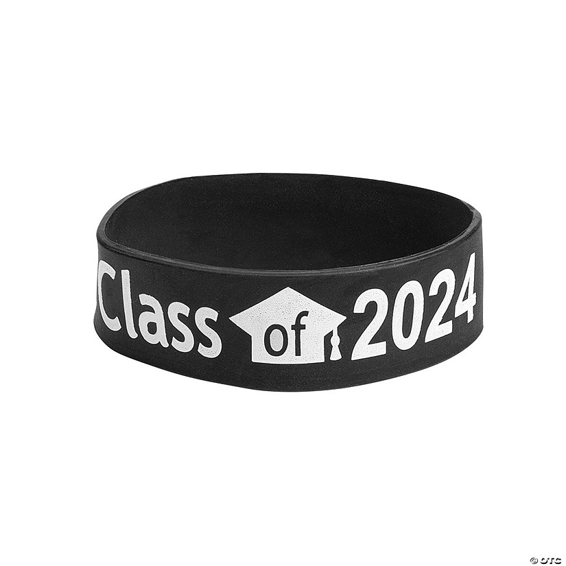 7 1/2" Graduation Class of 2024 Black Big Band Rubber Bracelets - 12 Pc. Image