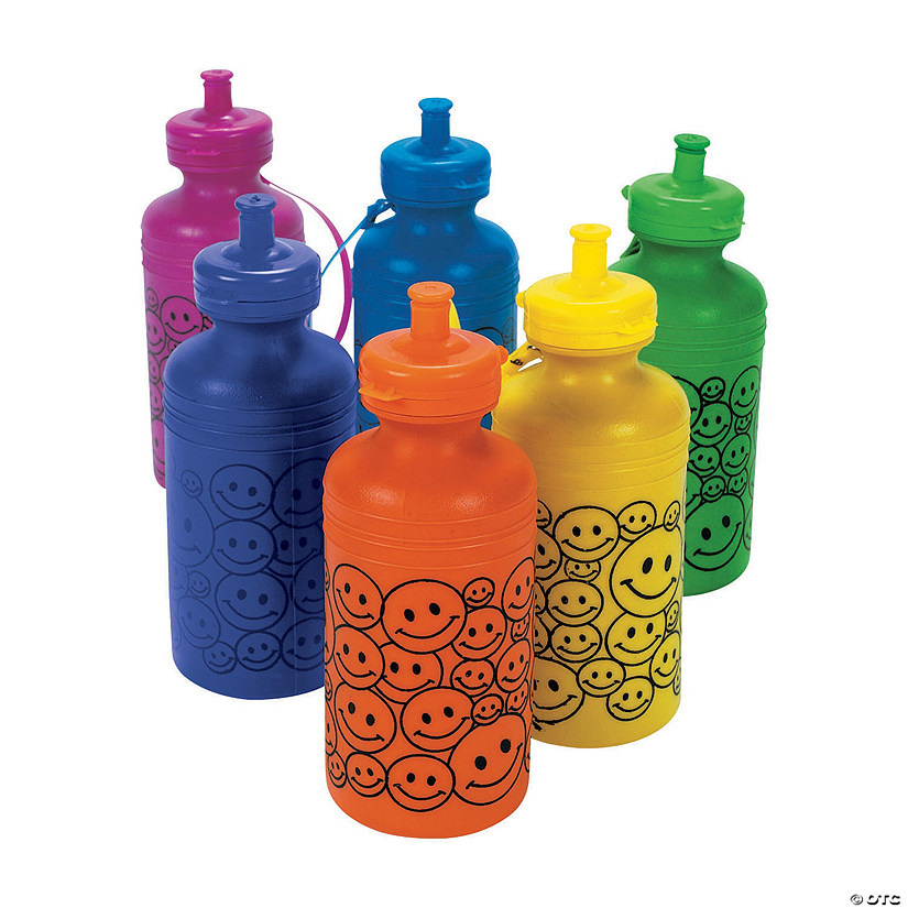 7 1/2" Smile Face Neon BPA-Free Plastic Water Bottles - 12 Ct. Image