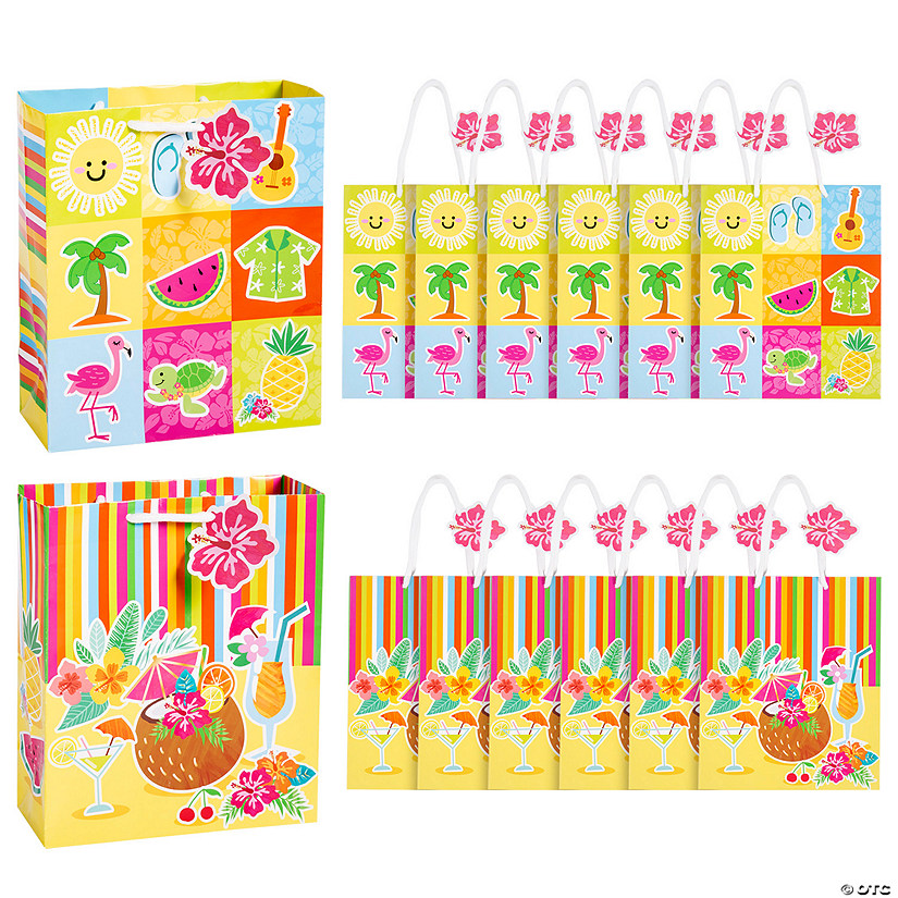 7 1/2" x 9" Medium Bright Luau Paper Gift Bags with Tags - 12 Pc. Image