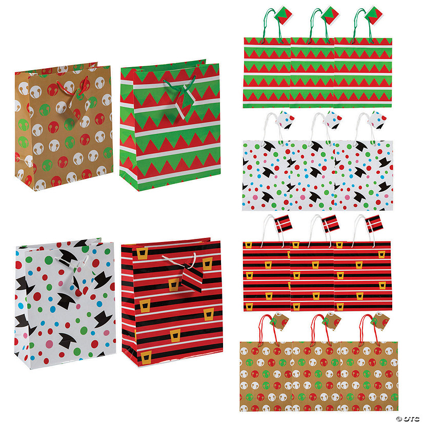 7 1/2" x 9" Medium Cheery Christmas Gift Bags with Tags - 12 Pc. Image