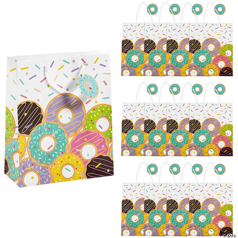 7 1/2" x 9" Medium Donuts & Confetti Paper Gift Bags with Tags - 12 Pc. Image