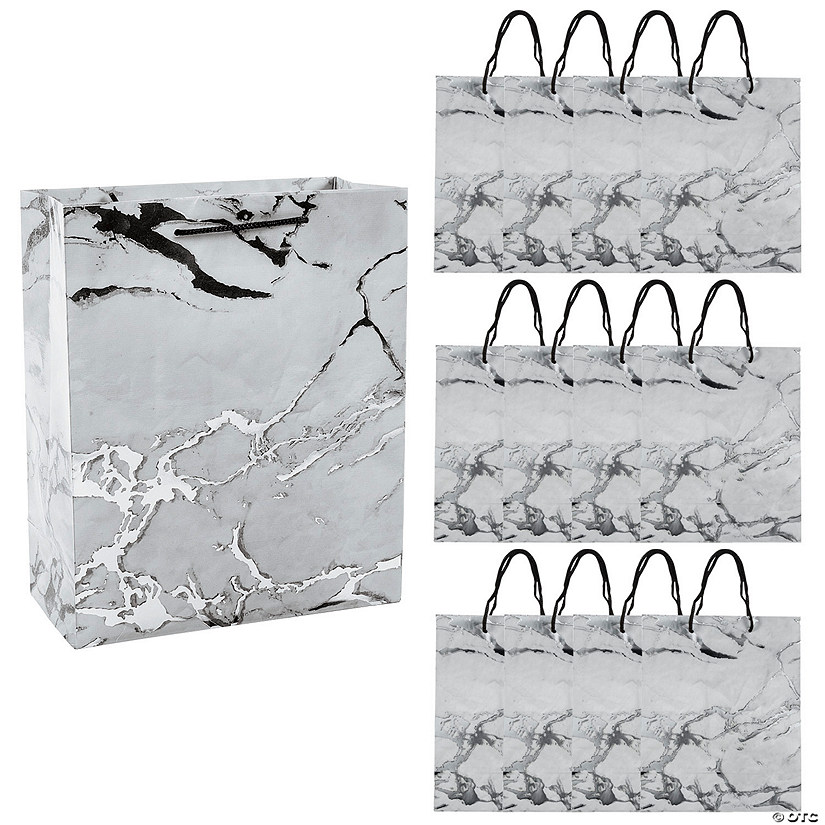7 1/2" x 9" Medium Silver Marble Paper Gift Bags - 12 Pc. Image