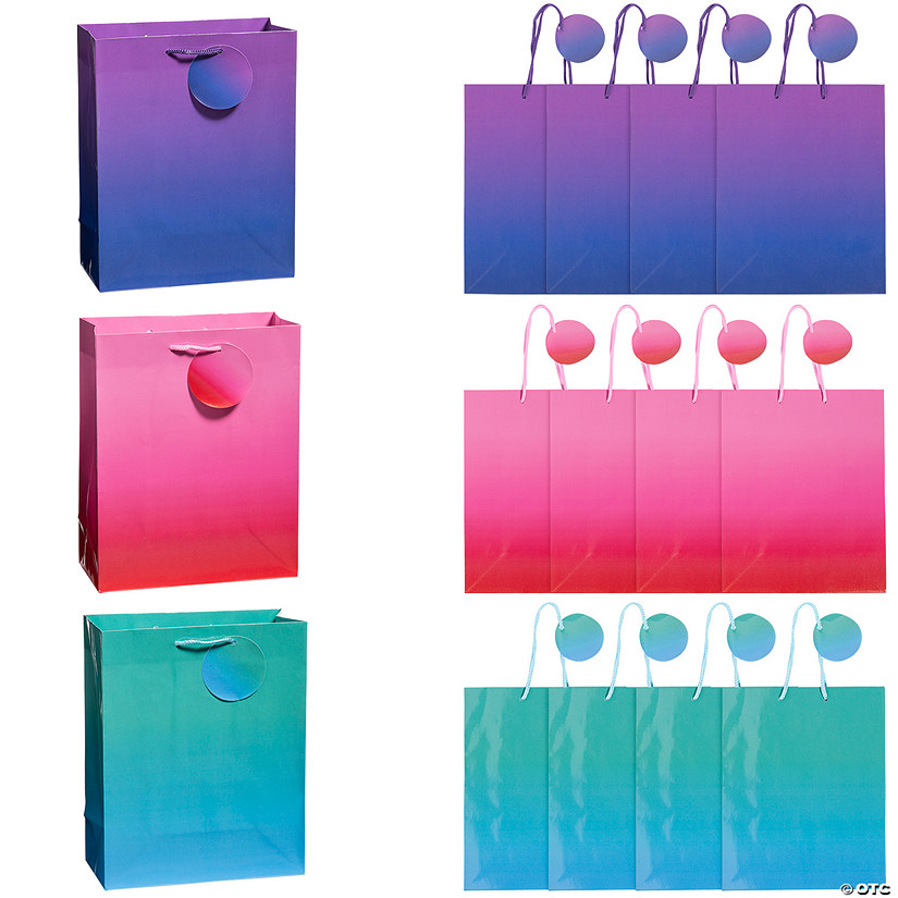7 1/4" x 3 1/2" x 9" Medium Ombre Paper Gift Bags with Tags - 12 Pc. Image