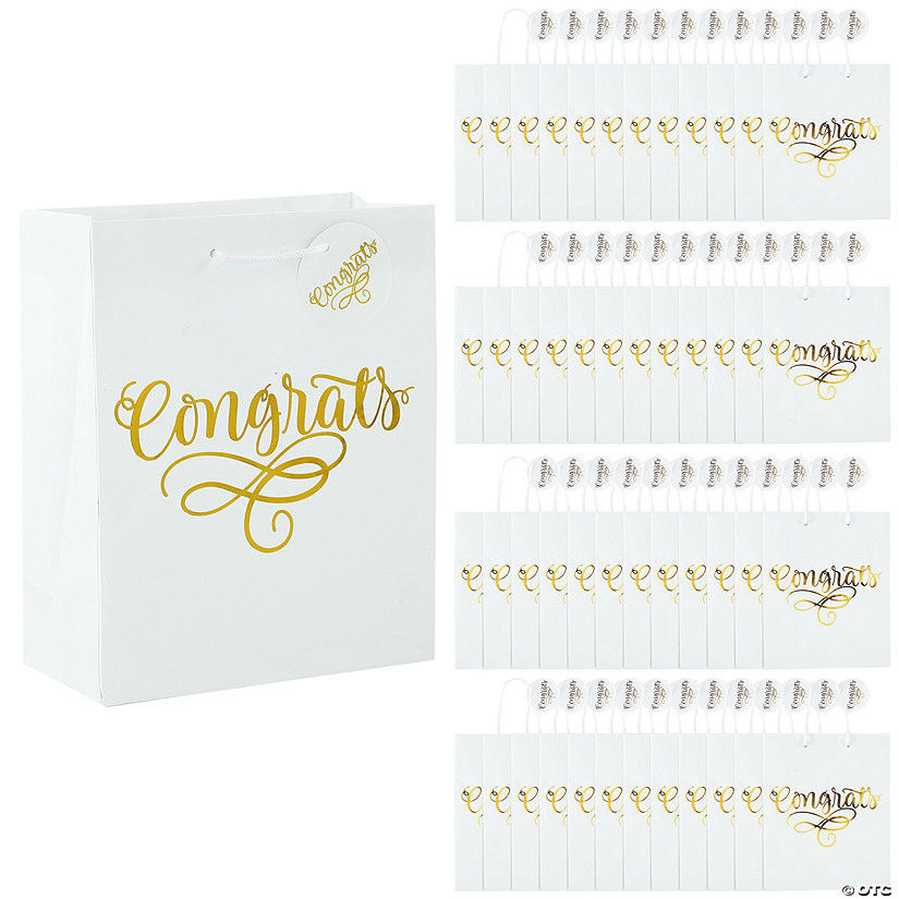 7 1/4" x 9" Bulk 48 Pc. Medium Gold Congrats Wedding Paper Gift Bags  Image
