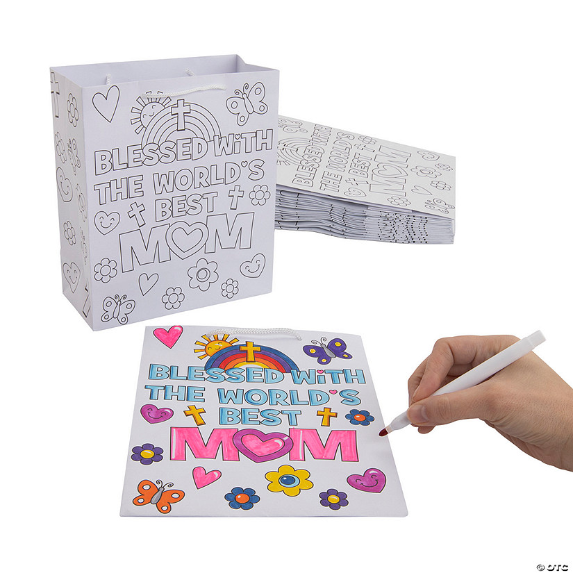 7 1/4" x 9" Color Your Own Medium Religious Mother&#8217;s Day Paper Gift Bags - 12 Pc. Image
