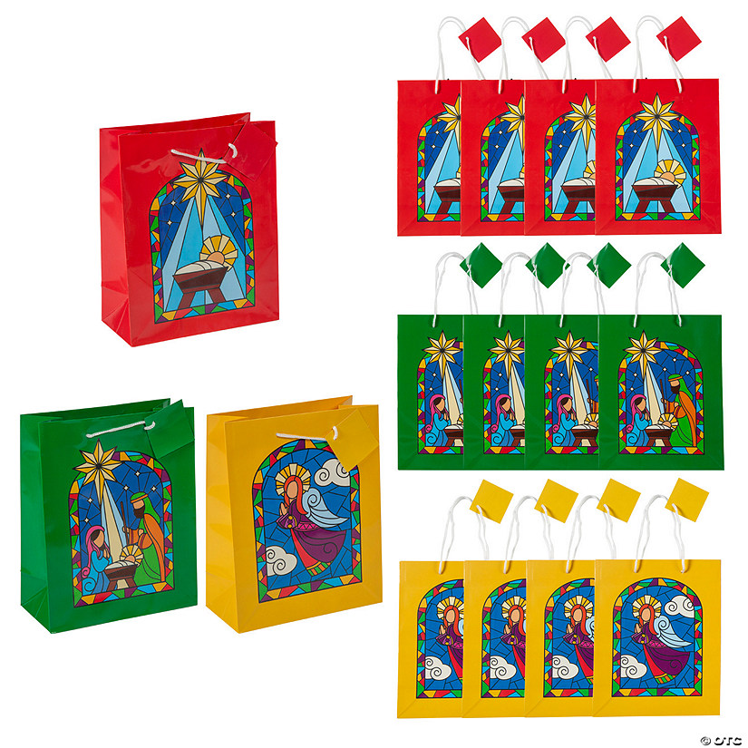 7 1/4" x 9" Medium Nativity Stained Glass Gift Bags - 12 Pc. Image