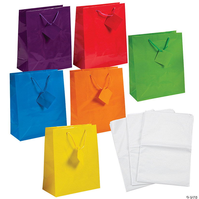 7 1/4" x 9" Medium Neon Gift Bags with Tissue Paper Kit for 12 Image