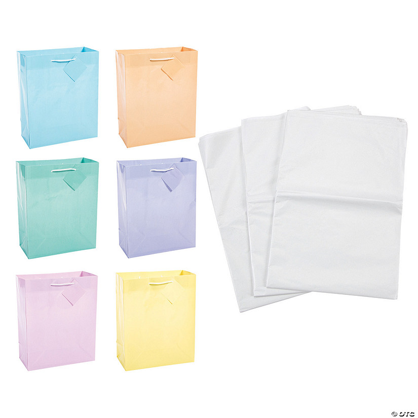7 1/4" x 9" Medium Pastel Paper Gift Bags & Tissue Paper Kit - 72 Pc. Image