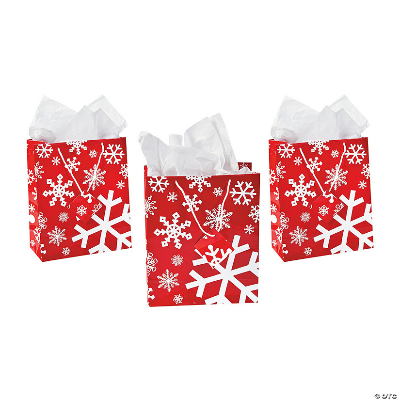 7 1/4" x 9" Medium Red & White Snowflake Gift Bags with Tags - 12 Pc. Image