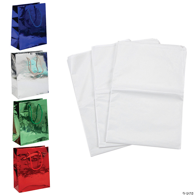 7 1/4" x 9" Medium Solid Metallic Paper Gift Bags & Tissue Paper Kit - 72 Pc. Image