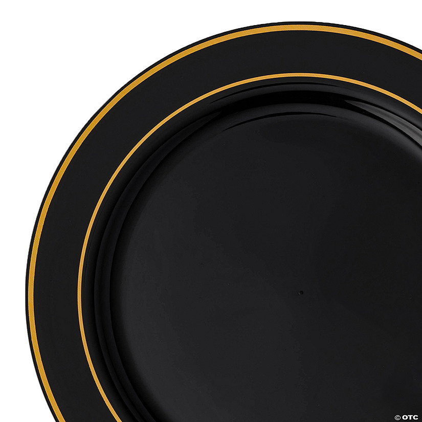 7.5" Black with Gold Edge Rim Plastic Appetizer/Salad Plates (100 Plates) Image