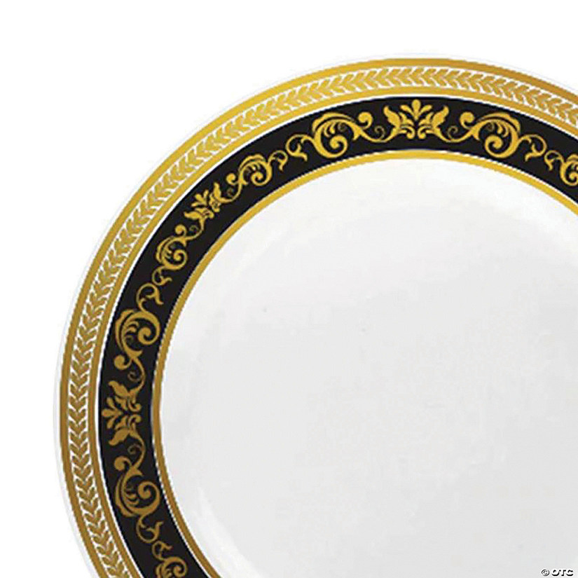 7.5" White with Black and Gold Royal Rim Plastic Appetizer/Salad Plates (80 Plates) Image