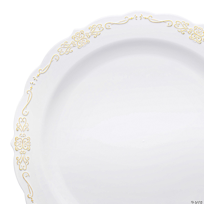 7.5" White with Gold Vintage Rim Round Disposable Plastic Appetizer/Salad Plates (90 Plates) Image