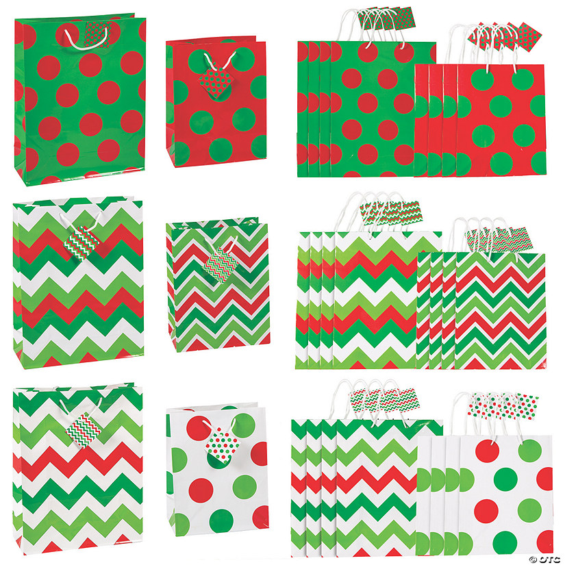 7" - 9 1/2" x 9" - 12" Mega Bright Christmas Gift Bags with Tags Assortment - 24 Pc. Image