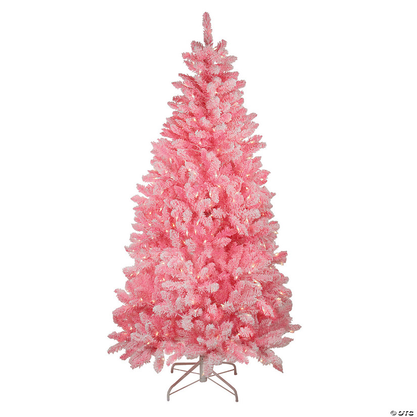 7' Pre-Lit Medium Flocked Pink Artificial Christmas Tree - Clear Lights Image